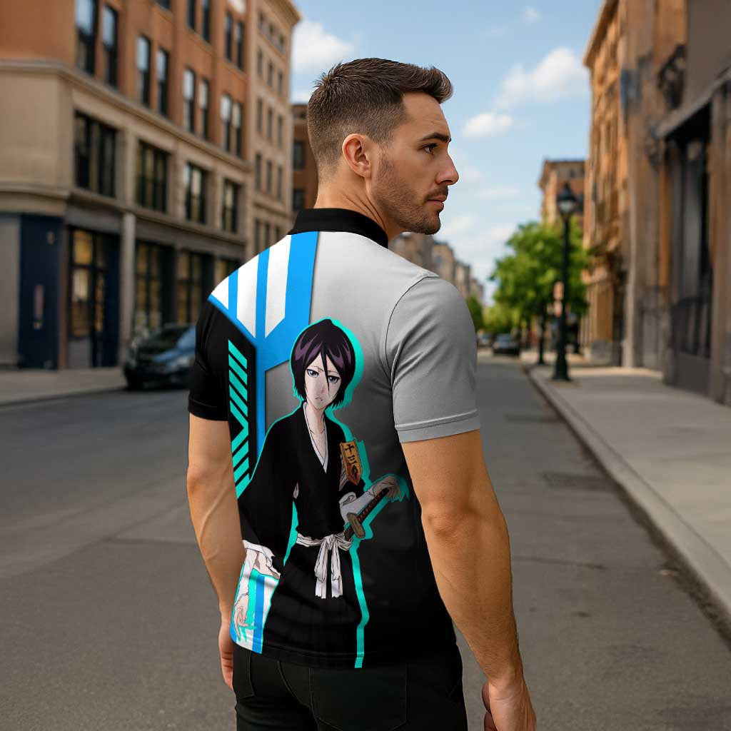 Rukia Kuchiki from Bleach Zipper Polo Shirt with Sword and Ice Powers Pose Design - The Mazicc