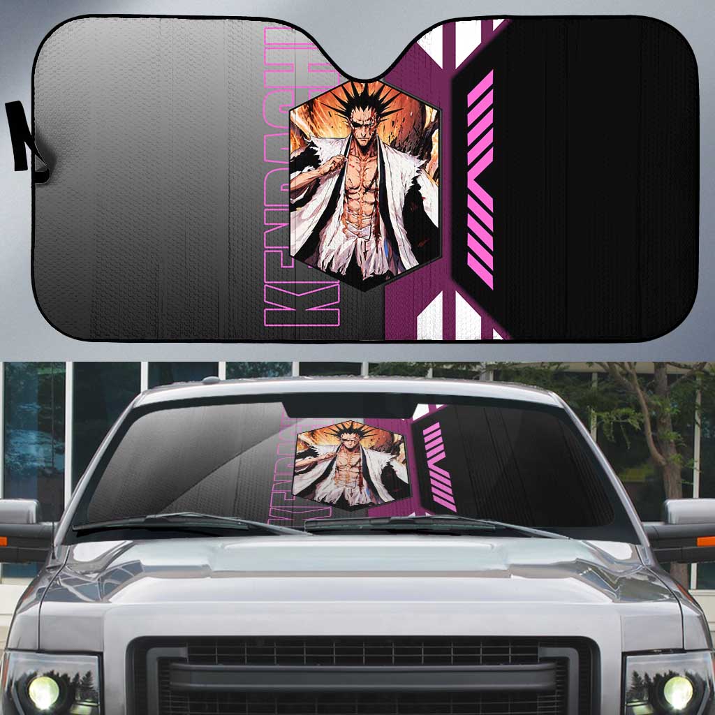 Kenpachi Zaraki from Bleach Auto Sun Shade with Sword and Battle Ready Pose Design - The Mazicc