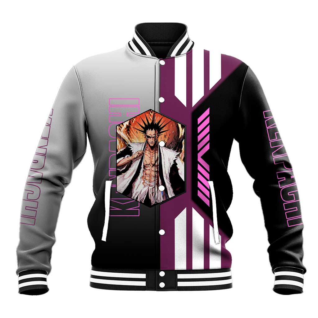 Kenpachi Zaraki from Bleach Baseball Jacket with Sword and Battle Ready Pose Design - The Mazicc