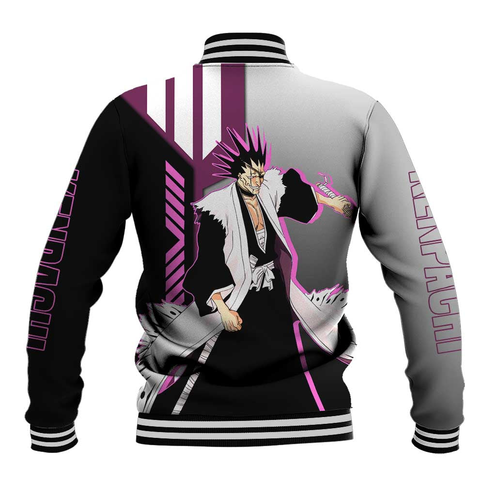 Kenpachi Zaraki from Bleach Baseball Jacket with Sword and Battle Ready Pose Design - The Mazicc