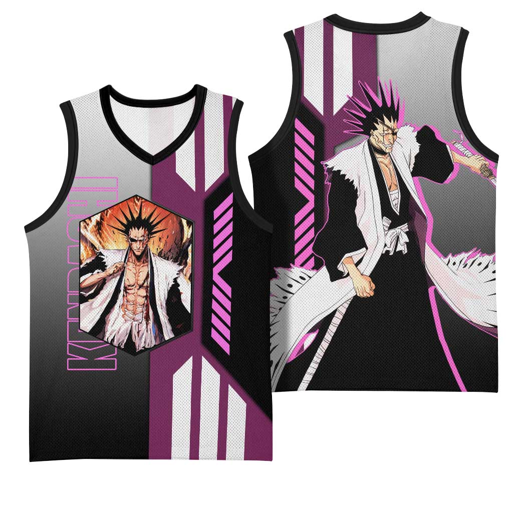 Kenpachi Zaraki from Bleach Basketball Jersey with Sword and Battle Ready Pose Design - The Mazicc