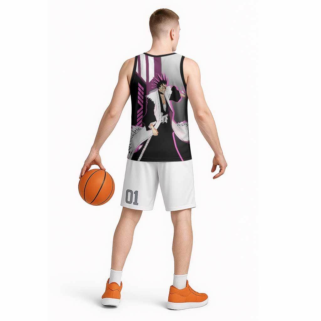 Kenpachi Zaraki from Bleach Basketball Jersey with Sword and Battle Ready Pose Design - The Mazicc