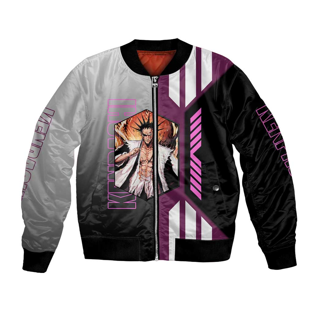 Kenpachi Zaraki from Bleach Bomber Jacket with Sword and Battle Ready Pose Design - The Mazicc