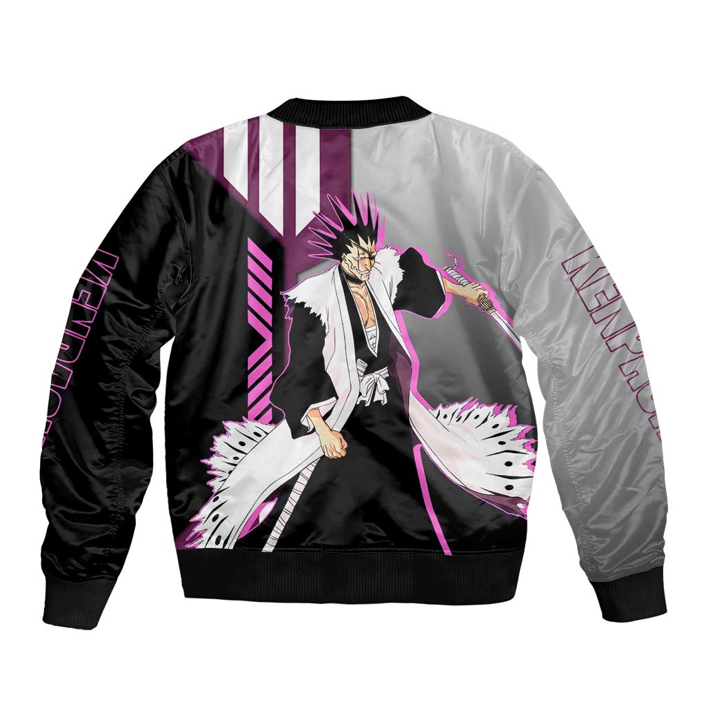 Kenpachi Zaraki from Bleach Bomber Jacket with Sword and Battle Ready Pose Design - The Mazicc