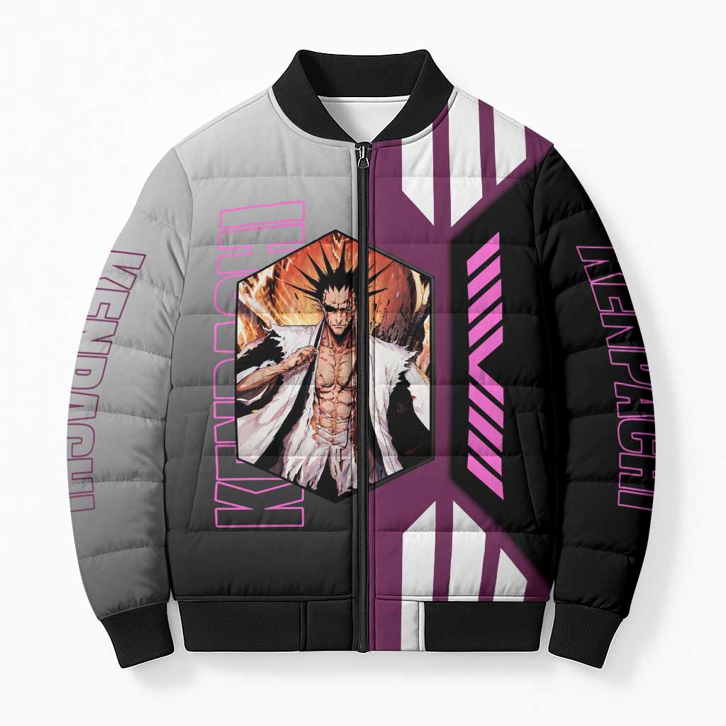 Kenpachi Zaraki from Bleach Bomber Puffer Jacket with Sword and Battle Ready Pose Design - The Mazicc