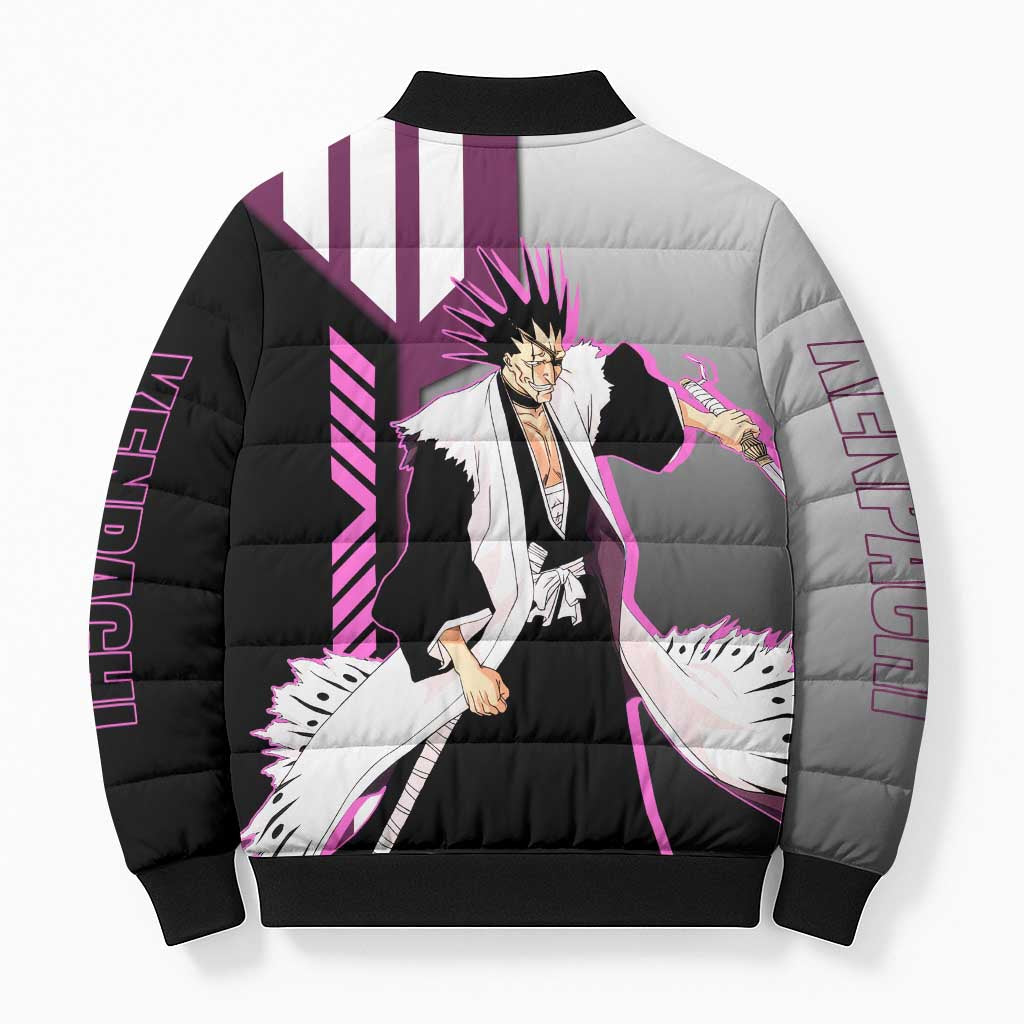 Kenpachi Zaraki from Bleach Bomber Puffer Jacket with Sword and Battle Ready Pose Design - The Mazicc