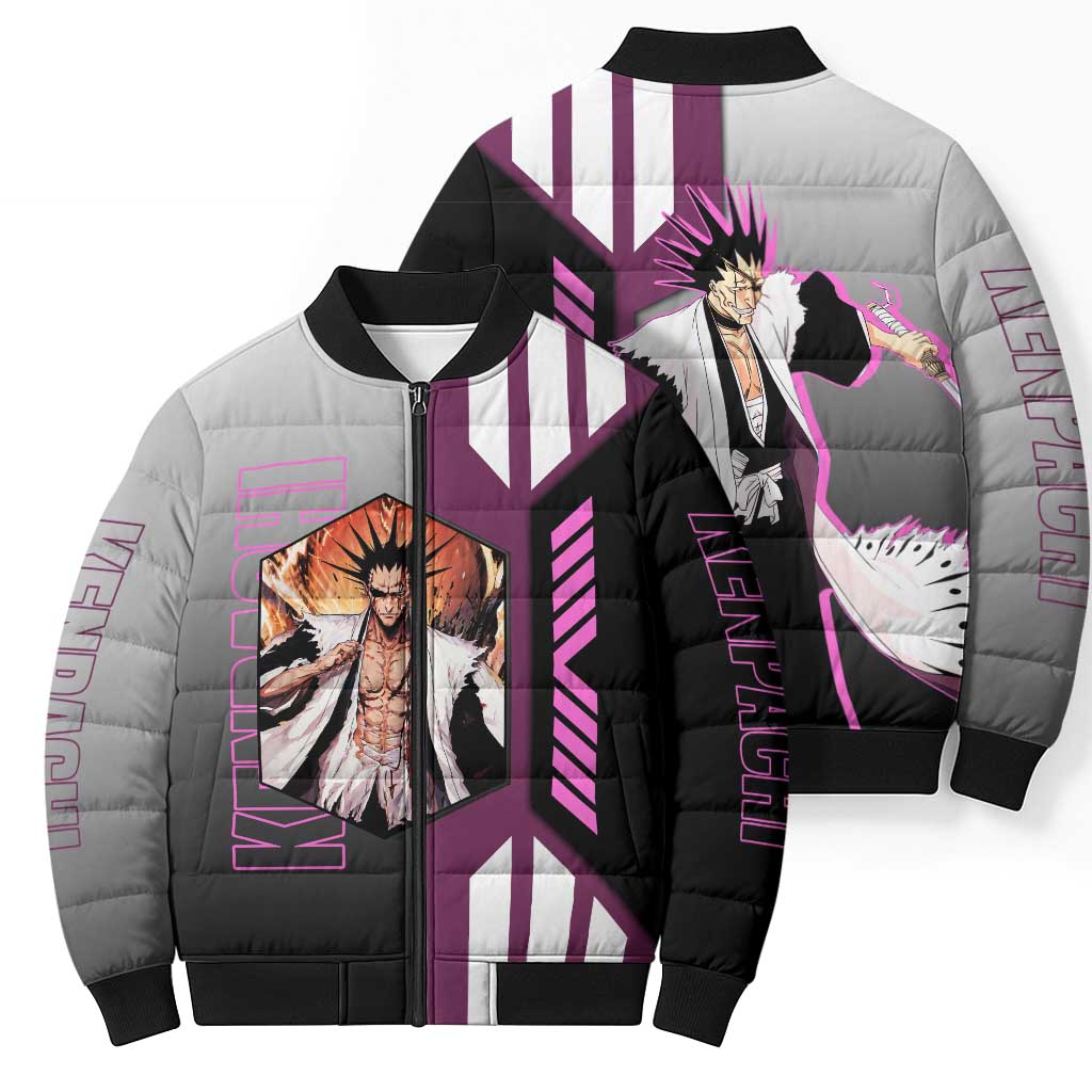 Kenpachi Zaraki from Bleach Bomber Puffer Jacket with Sword and Battle Ready Pose Design - The Mazicc