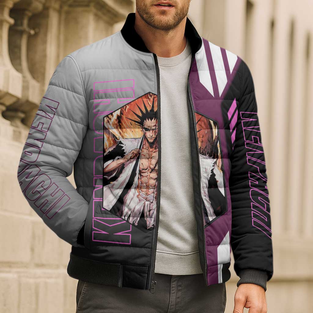 Kenpachi Zaraki from Bleach Bomber Puffer Jacket with Sword and Battle Ready Pose Design - The Mazicc