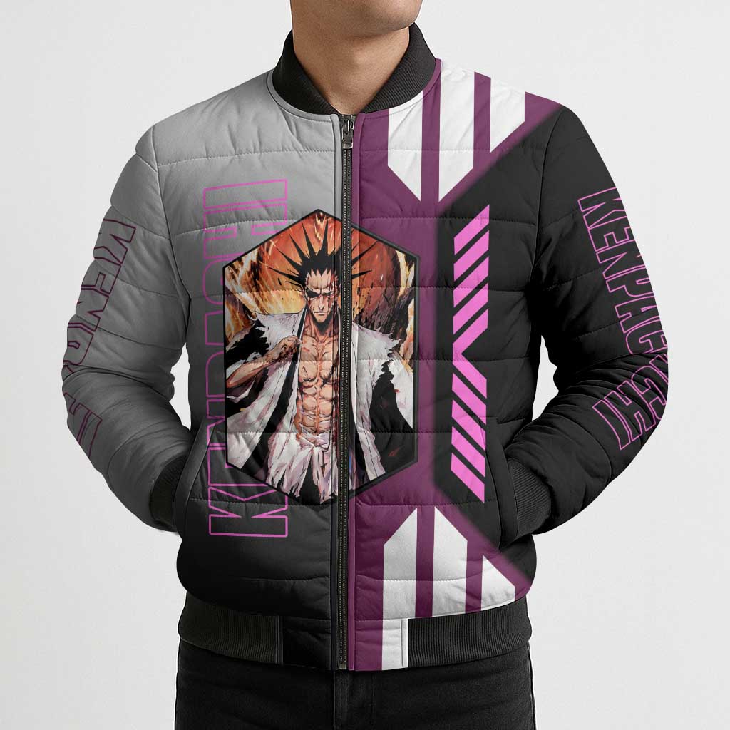 Kenpachi Zaraki from Bleach Bomber Puffer Jacket with Sword and Battle Ready Pose Design - The Mazicc