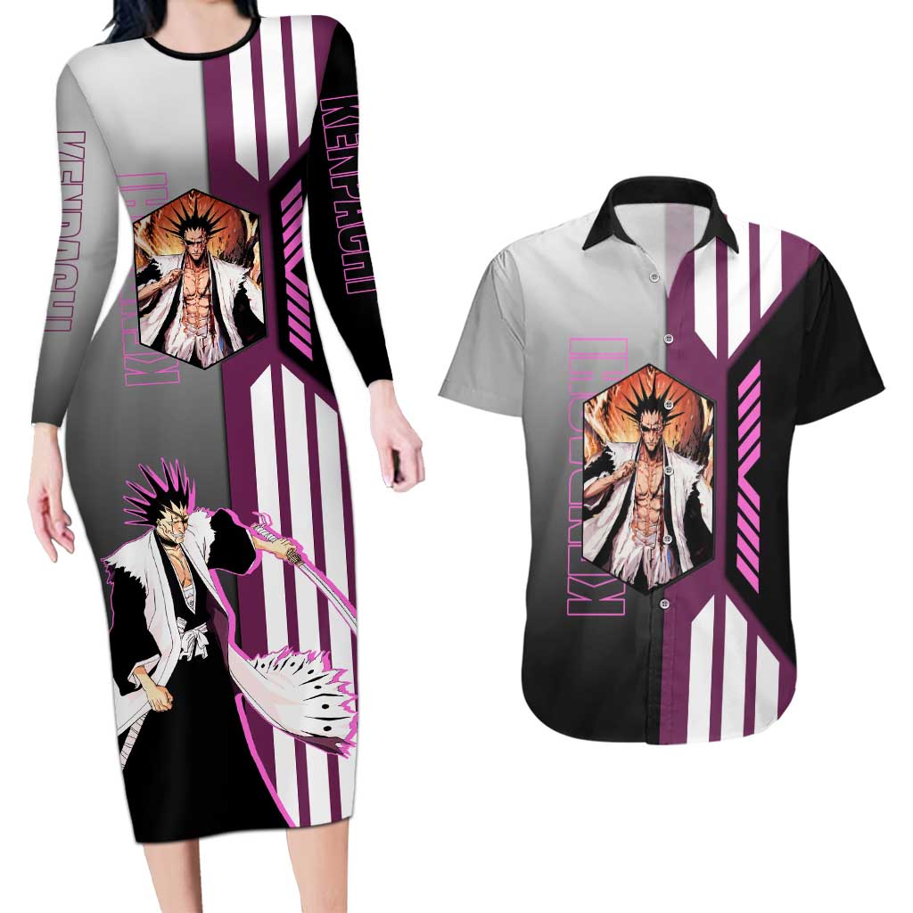 Kenpachi Zaraki from Bleach Couples Matching Long Sleeve Bodycon Dress and Hawaiian Shirt with Sword and Battle Ready Pose Design - The Mazicc