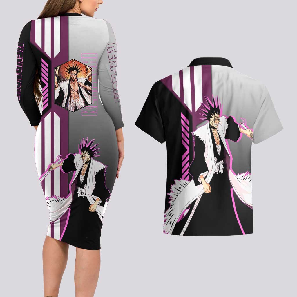 Kenpachi Zaraki from Bleach Couples Matching Long Sleeve Bodycon Dress and Hawaiian Shirt with Sword and Battle Ready Pose Design - The Mazicc
