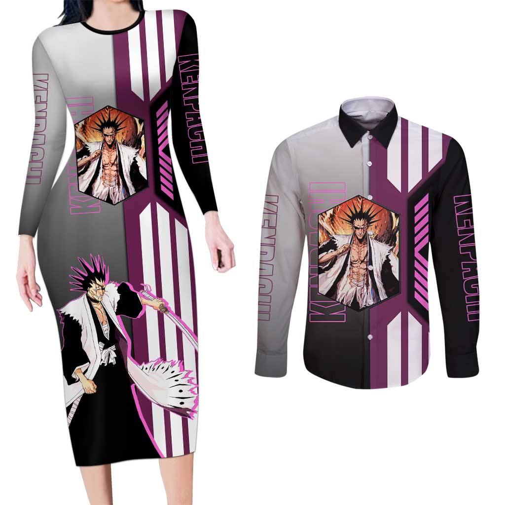 Kenpachi Zaraki from Bleach Couples Matching Long Sleeve Bodycon Dress and Long Sleeve Button Shirt with Sword and Battle Ready Pose Design - The Mazicc
