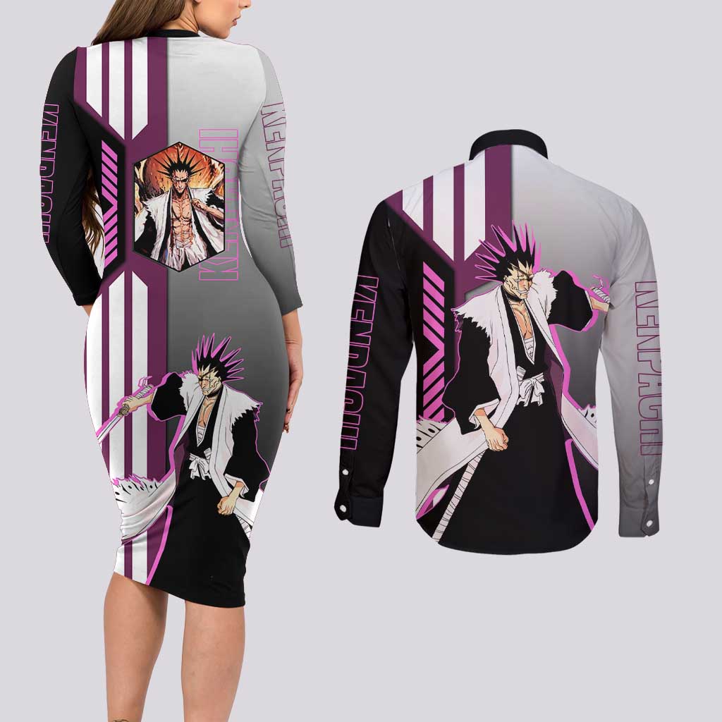 Kenpachi Zaraki from Bleach Couples Matching Long Sleeve Bodycon Dress and Long Sleeve Button Shirt with Sword and Battle Ready Pose Design - The Mazicc
