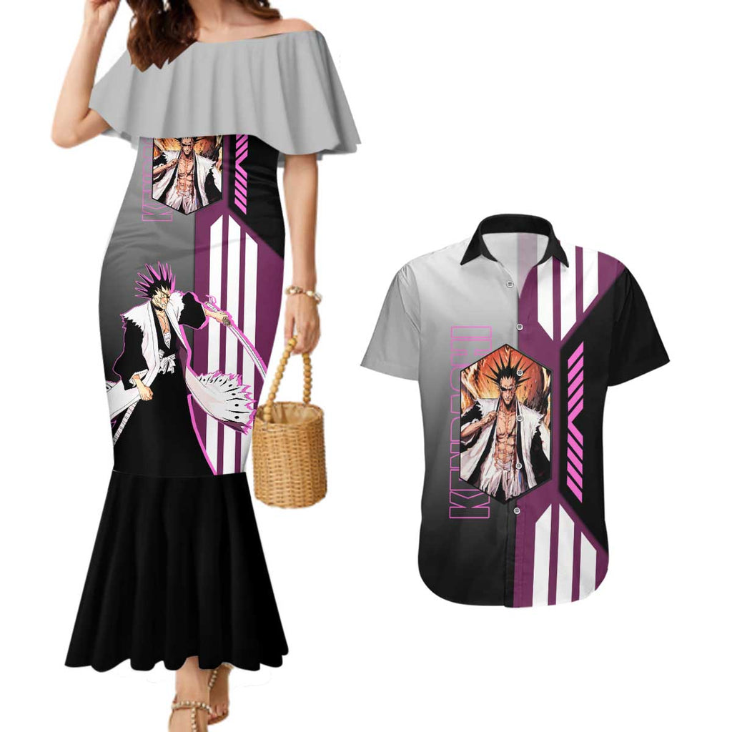 Kenpachi Zaraki from Bleach Couples Matching Mermaid Dress and Hawaiian Shirt with Sword and Battle Ready Pose Design - The Mazicc