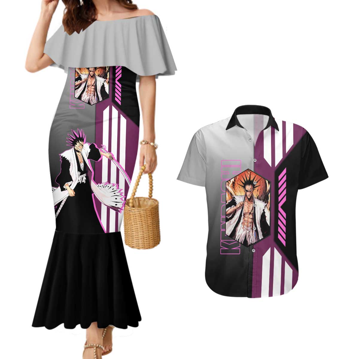 Kenpachi Zaraki from Bleach Couples Matching Mermaid Dress and Hawaiian Shirt with Sword and Battle Ready Pose Design - The Mazicc
