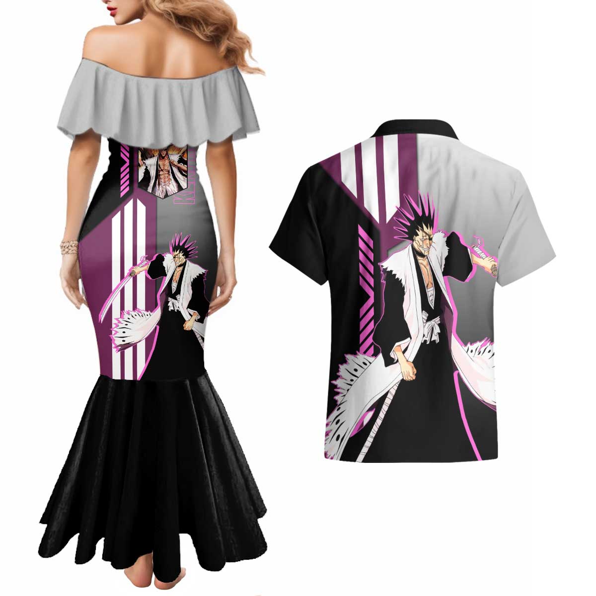 Kenpachi Zaraki from Bleach Couples Matching Mermaid Dress and Hawaiian Shirt with Sword and Battle Ready Pose Design - The Mazicc