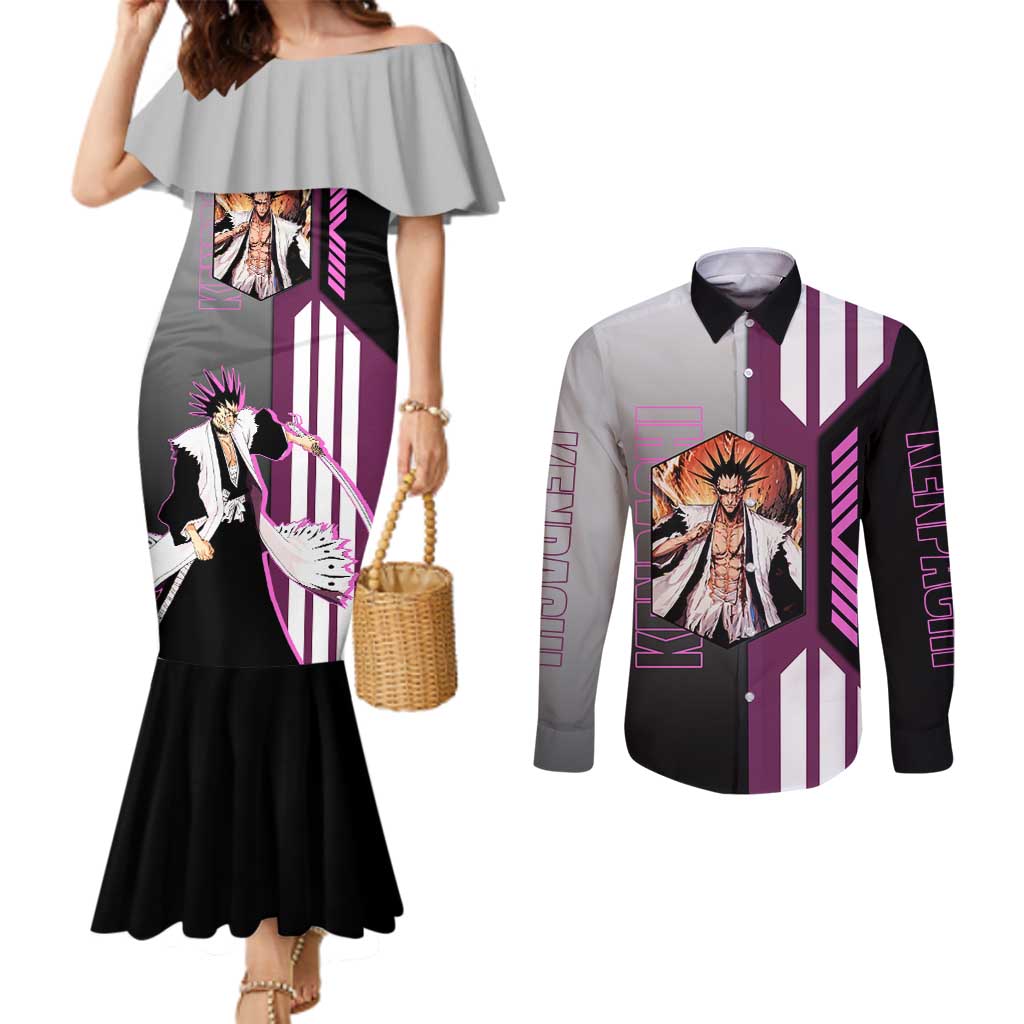 Kenpachi Zaraki from Bleach Couples Matching Mermaid Dress and Long Sleeve Button Shirt with Sword and Battle Ready Pose Design - The Mazicc
