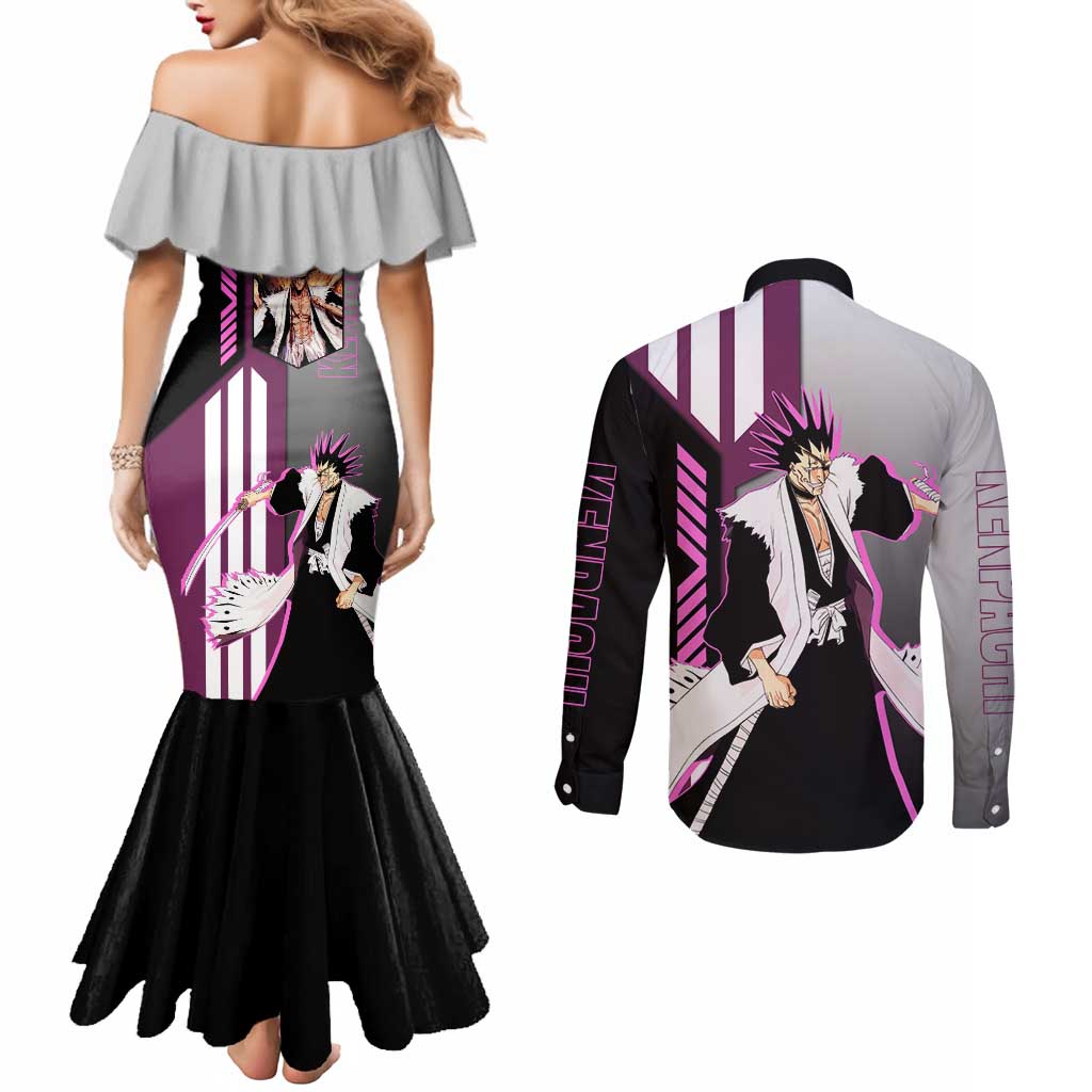 Kenpachi Zaraki from Bleach Couples Matching Mermaid Dress and Long Sleeve Button Shirt with Sword and Battle Ready Pose Design - The Mazicc
