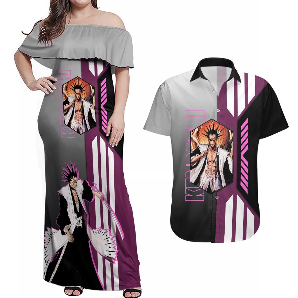 Kenpachi Zaraki from Bleach Couples Matching Off Shoulder Maxi Dress and Hawaiian Shirt with Sword and Battle Ready Pose Design - The Mazicc