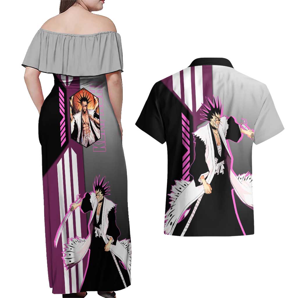 Kenpachi Zaraki from Bleach Couples Matching Off Shoulder Maxi Dress and Hawaiian Shirt with Sword and Battle Ready Pose Design - The Mazicc