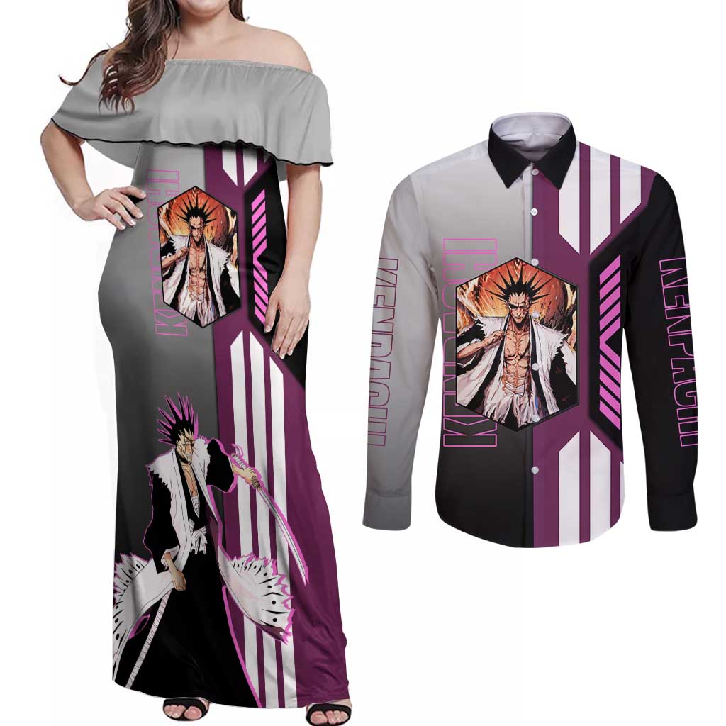 Kenpachi Zaraki from Bleach Couples Matching Off Shoulder Maxi Dress and Long Sleeve Button Shirt with Sword and Battle Ready Pose Design - The Mazicc
