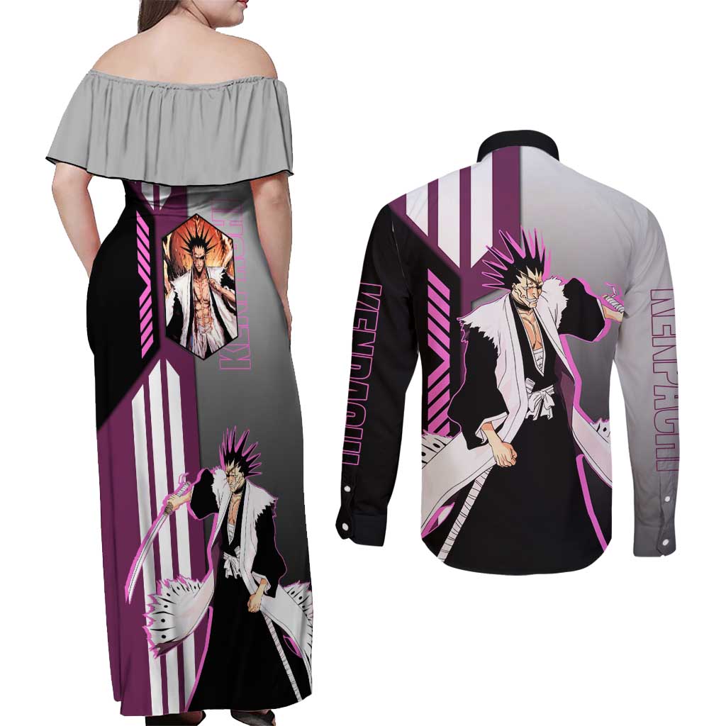 Kenpachi Zaraki from Bleach Couples Matching Off Shoulder Maxi Dress and Long Sleeve Button Shirt with Sword and Battle Ready Pose Design - The Mazicc