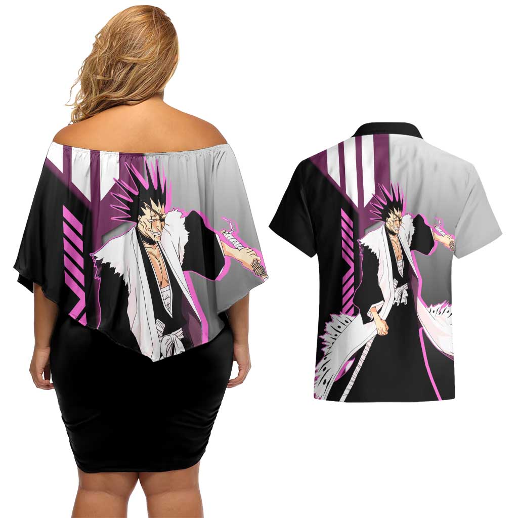Kenpachi Zaraki from Bleach Couples Matching Off Shoulder Short Dress and Hawaiian Shirt with Sword and Battle Ready Pose Design - The Mazicc