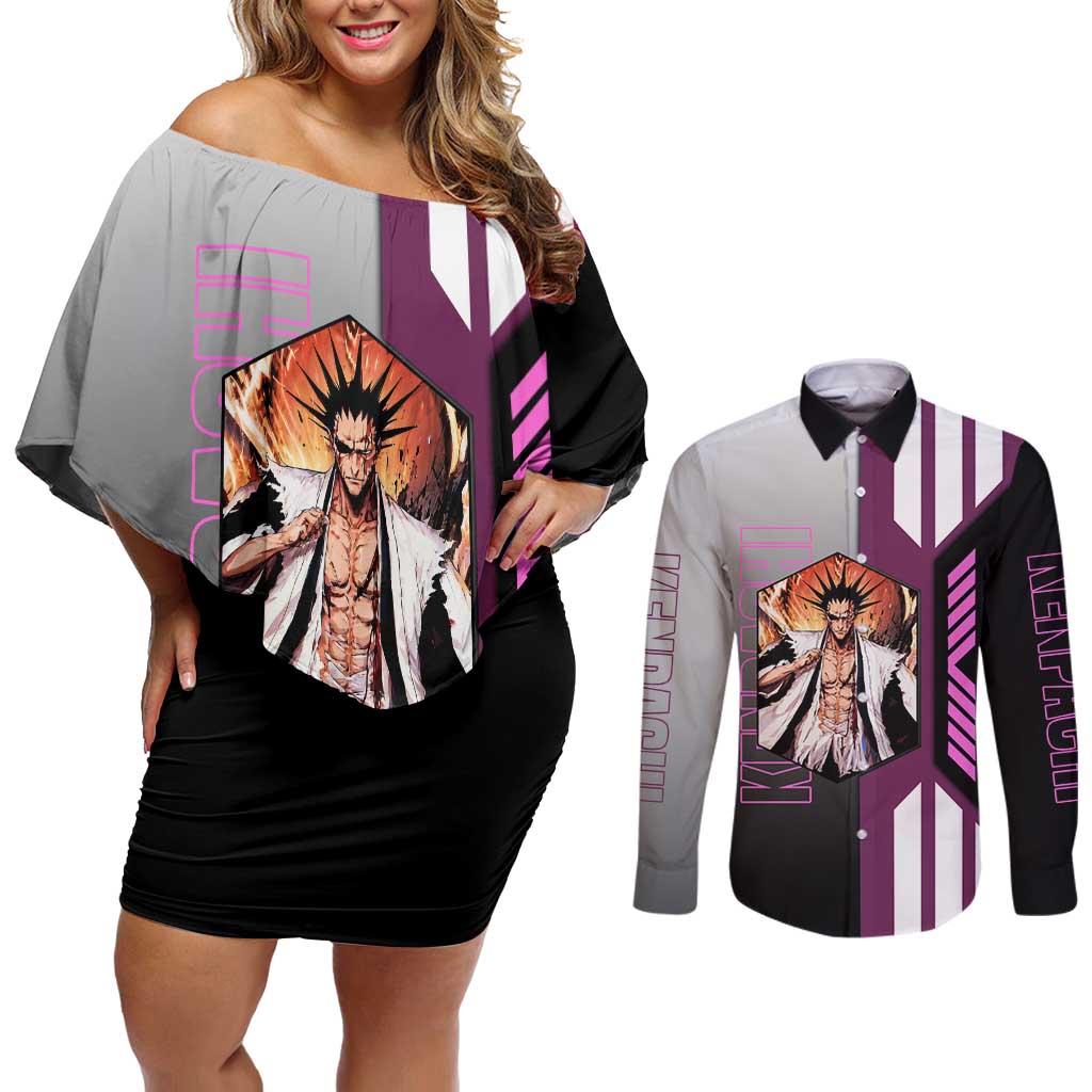 Kenpachi Zaraki from Bleach Couples Matching Off Shoulder Short Dress and Long Sleeve Button Shirt with Sword and Battle Ready Pose Design - The Mazicc
