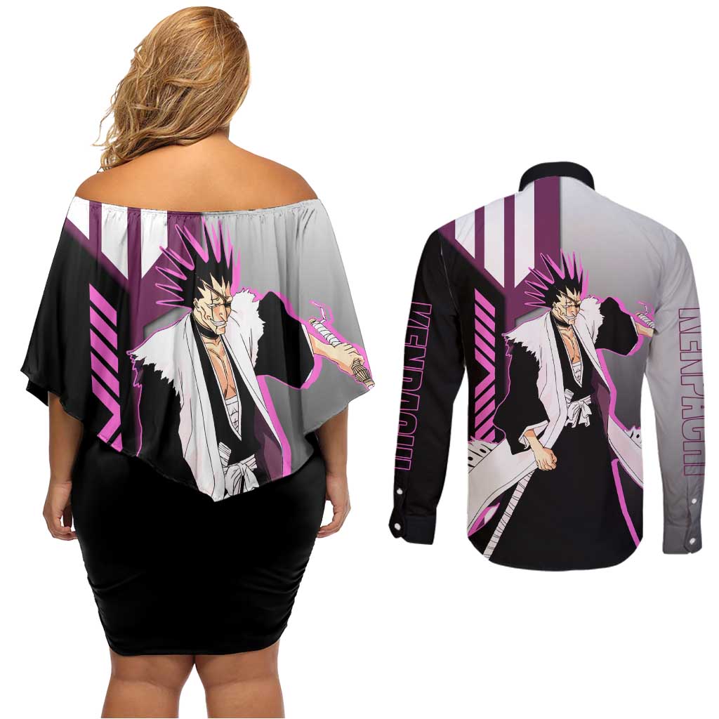 Kenpachi Zaraki from Bleach Couples Matching Off Shoulder Short Dress and Long Sleeve Button Shirt with Sword and Battle Ready Pose Design - The Mazicc