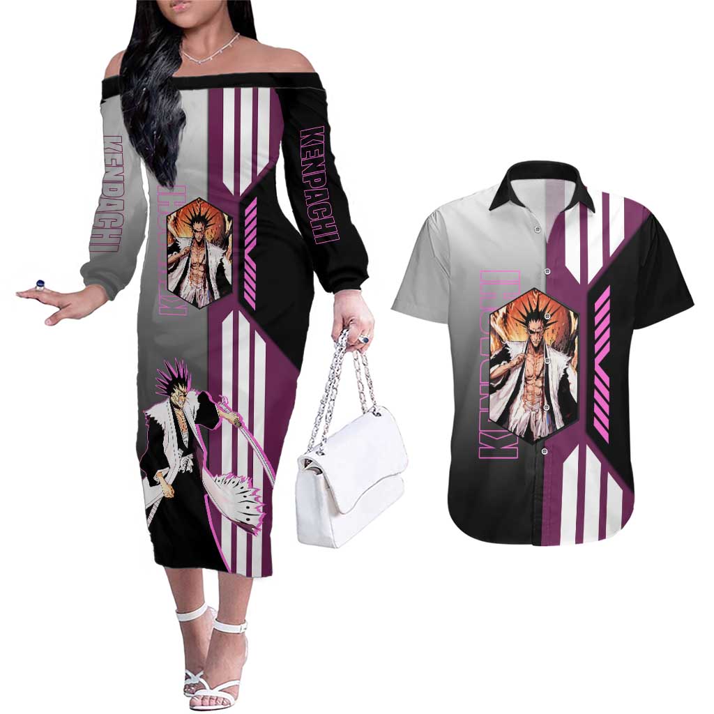 Kenpachi Zaraki from Bleach Couples Matching Off The Shoulder Long Sleeve Dress and Hawaiian Shirt with Sword and Battle Ready Pose Design - The Mazicc