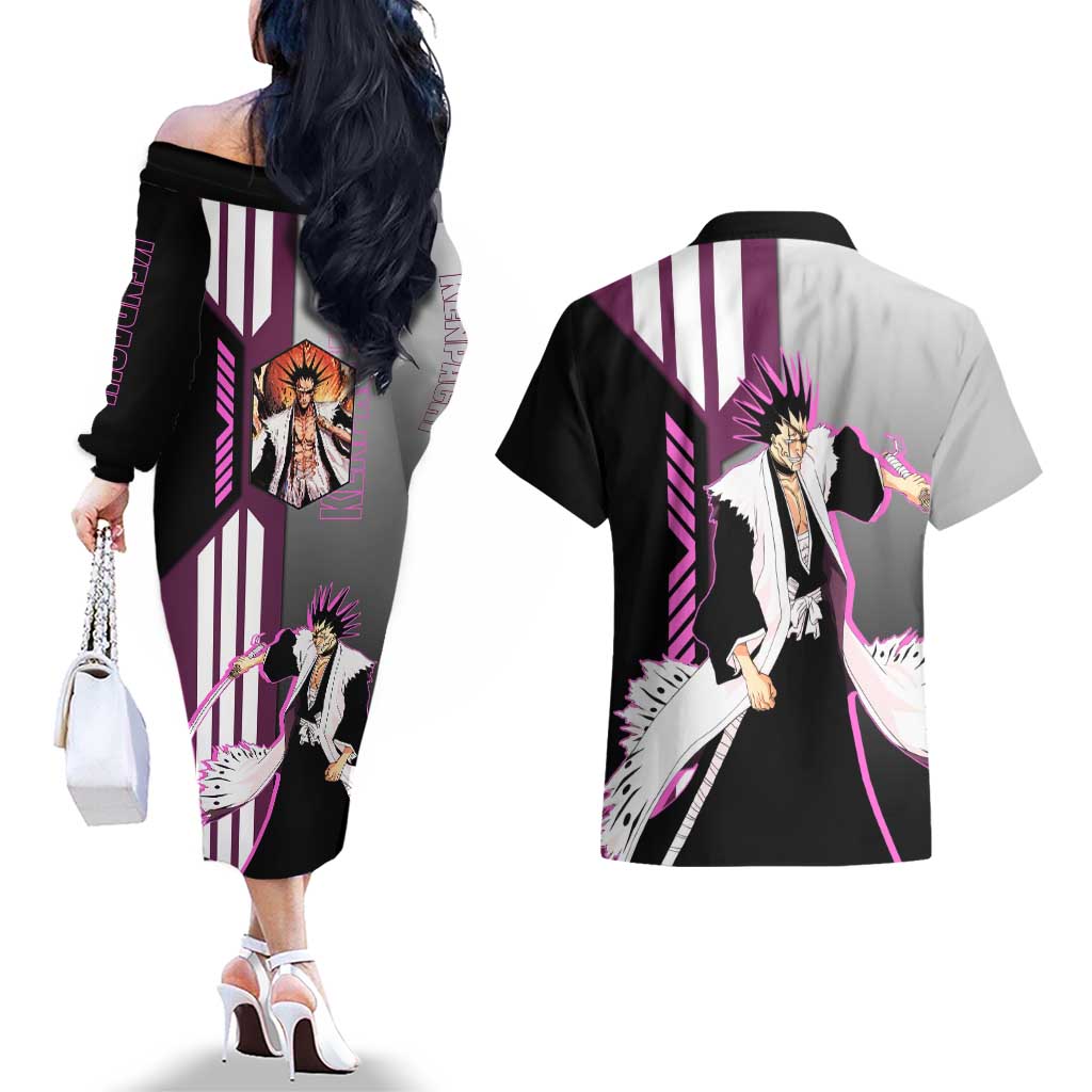 Kenpachi Zaraki from Bleach Couples Matching Off The Shoulder Long Sleeve Dress and Hawaiian Shirt with Sword and Battle Ready Pose Design - The Mazicc