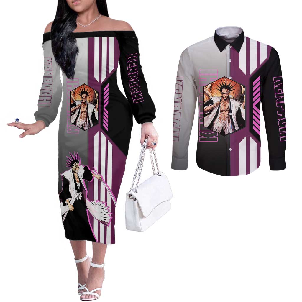 Kenpachi Zaraki from Bleach Couples Matching Off The Shoulder Long Sleeve Dress and Long Sleeve Button Shirt with Sword and Battle Ready Pose Design - The Mazicc