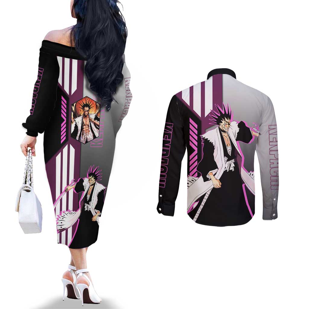 Kenpachi Zaraki from Bleach Couples Matching Off The Shoulder Long Sleeve Dress and Long Sleeve Button Shirt with Sword and Battle Ready Pose Design - The Mazicc