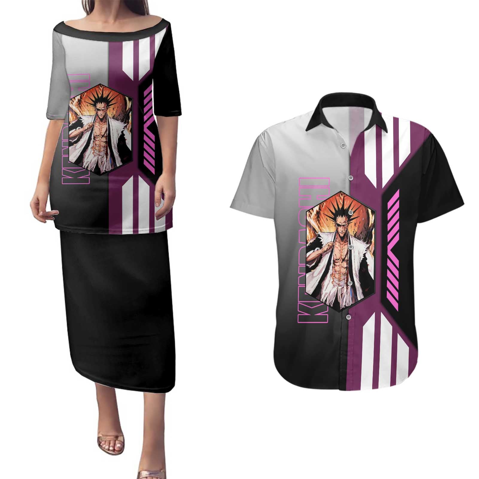 Kenpachi Zaraki from Bleach Couples Matching Puletasi and Hawaiian Shirt with Sword and Battle Ready Pose Design - The Mazicc