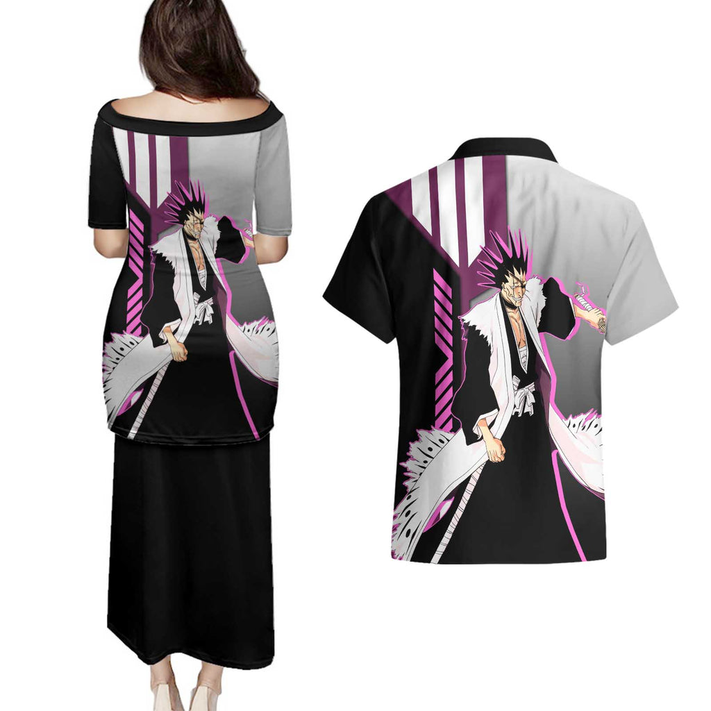 Kenpachi Zaraki from Bleach Couples Matching Puletasi and Hawaiian Shirt with Sword and Battle Ready Pose Design - The Mazicc