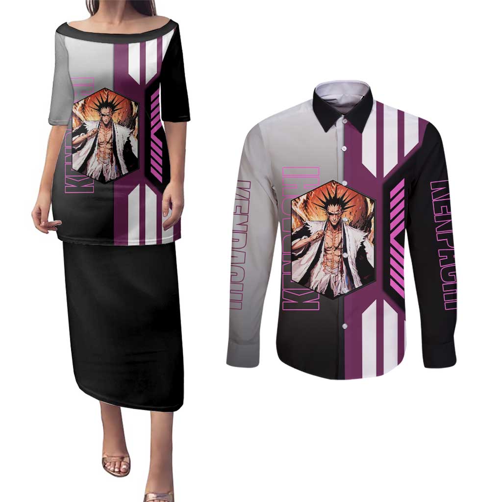 Kenpachi Zaraki from Bleach Couples Matching Puletasi and Long Sleeve Button Shirt with Sword and Battle Ready Pose Design - The Mazicc
