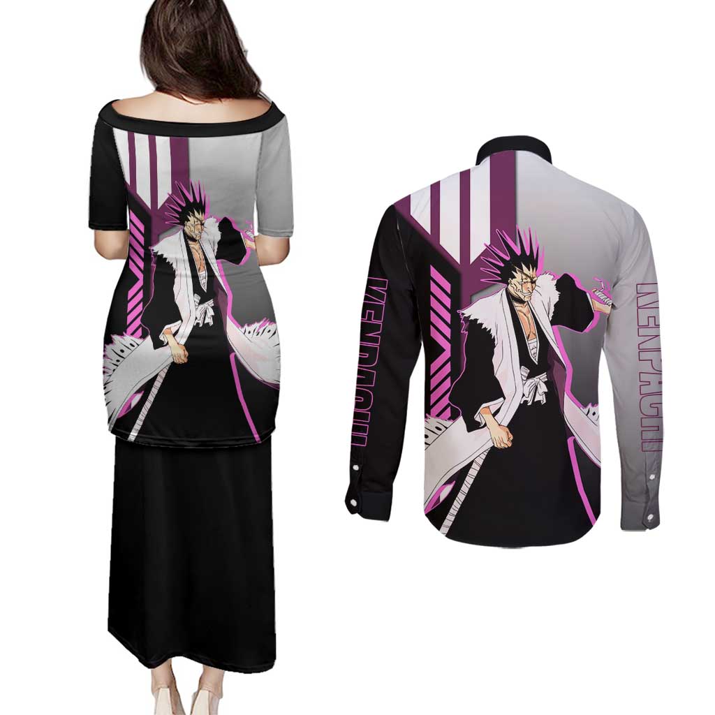 Kenpachi Zaraki from Bleach Couples Matching Puletasi and Long Sleeve Button Shirt with Sword and Battle Ready Pose Design - The Mazicc