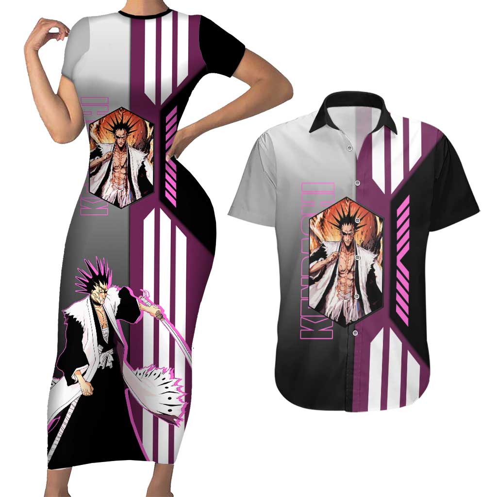 Kenpachi Zaraki from Bleach Couples Matching Short Sleeve Bodycon Dress and Hawaiian Shirt with Sword and Battle Ready Pose Design - The Mazicc