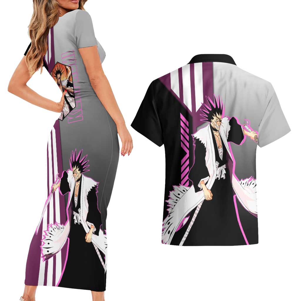Kenpachi Zaraki from Bleach Couples Matching Short Sleeve Bodycon Dress and Hawaiian Shirt with Sword and Battle Ready Pose Design - The Mazicc