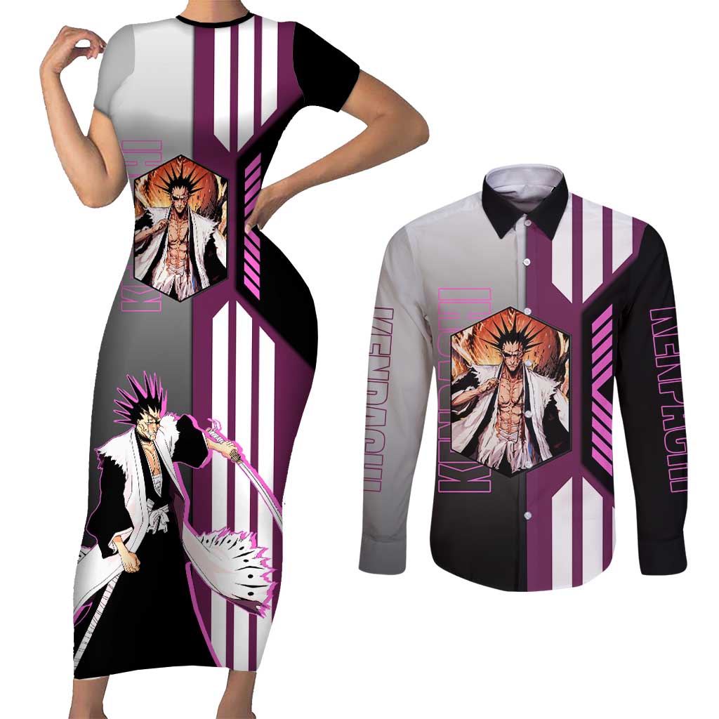 Kenpachi Zaraki from Bleach Couples Matching Short Sleeve Bodycon Dress and Long Sleeve Button Shirt with Sword and Battle Ready Pose Design - The Mazicc