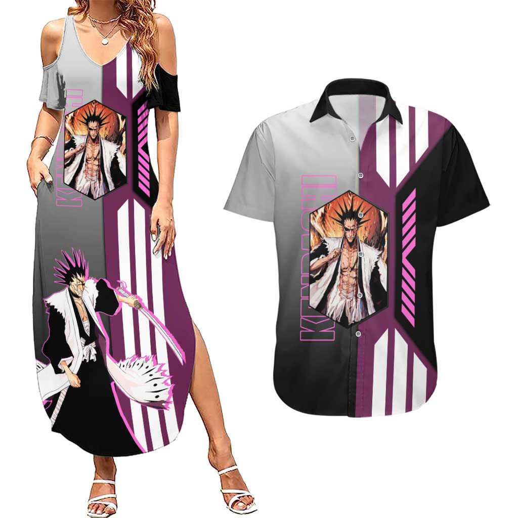 Kenpachi Zaraki from Bleach Couples Matching Summer Maxi Dress and Hawaiian Shirt with Sword and Battle Ready Pose Design - The Mazicc