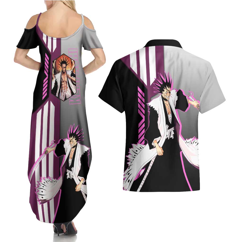 Kenpachi Zaraki from Bleach Couples Matching Summer Maxi Dress and Hawaiian Shirt with Sword and Battle Ready Pose Design - The Mazicc