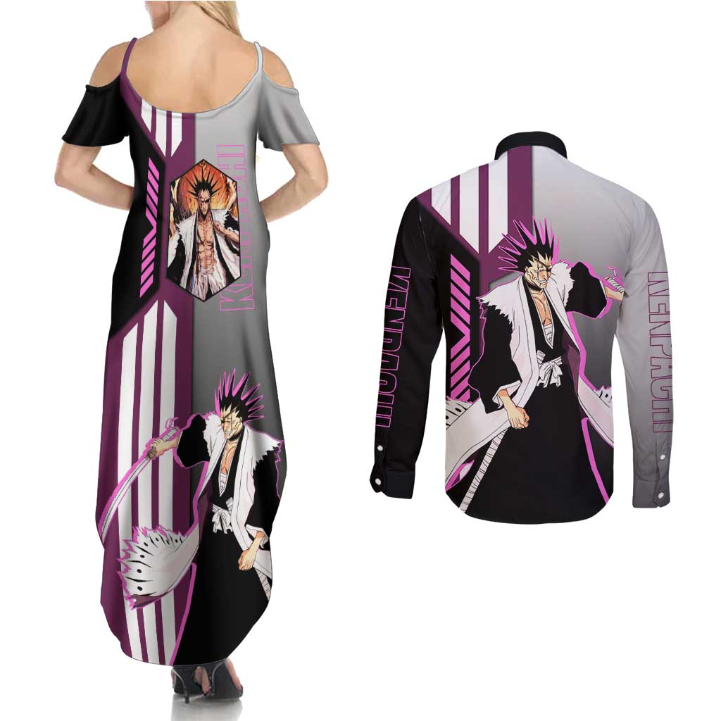 Kenpachi Zaraki from Bleach Couples Matching Summer Maxi Dress and Long Sleeve Button Shirt with Sword and Battle Ready Pose Design - The Mazicc