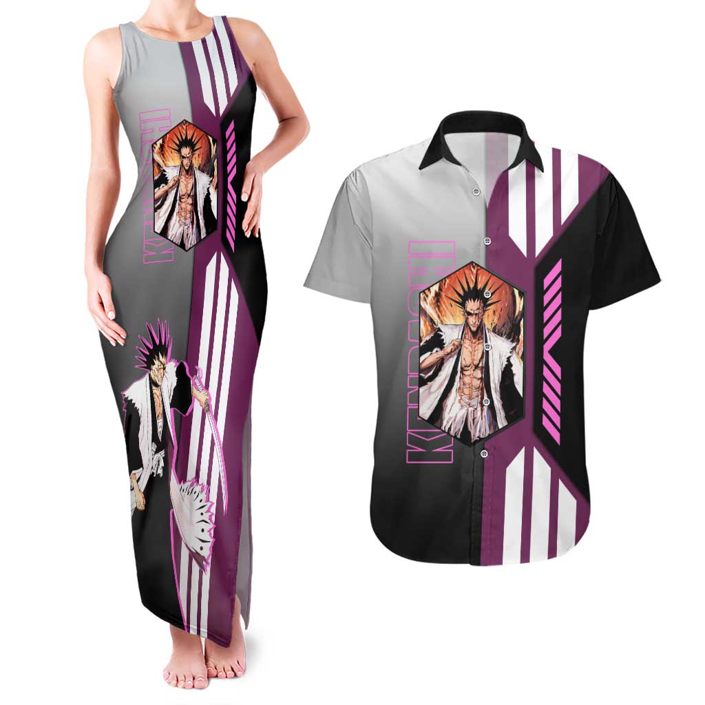 Kenpachi Zaraki from Bleach Couples Matching Tank Maxi Dress and Hawaiian Shirt with Sword and Battle Ready Pose Design - The Mazicc