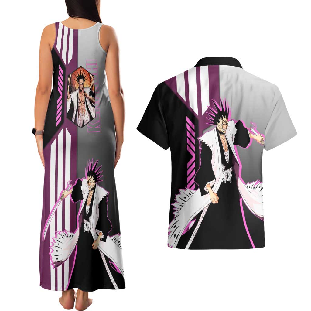 Kenpachi Zaraki from Bleach Couples Matching Tank Maxi Dress and Hawaiian Shirt with Sword and Battle Ready Pose Design - The Mazicc