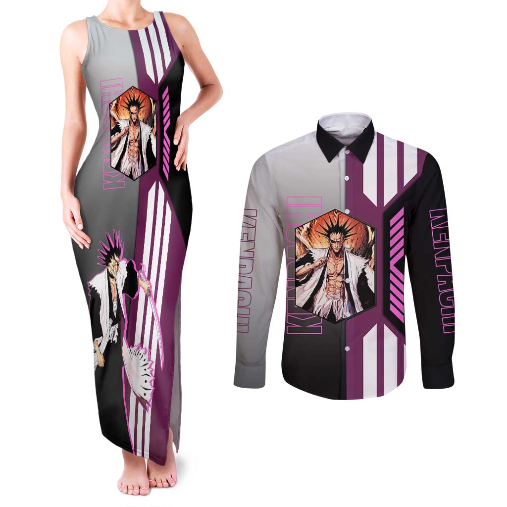 Kenpachi Zaraki from Bleach Couples Matching Tank Maxi Dress and Long Sleeve Button Shirt with Sword and Battle Ready Pose Design - The Mazicc