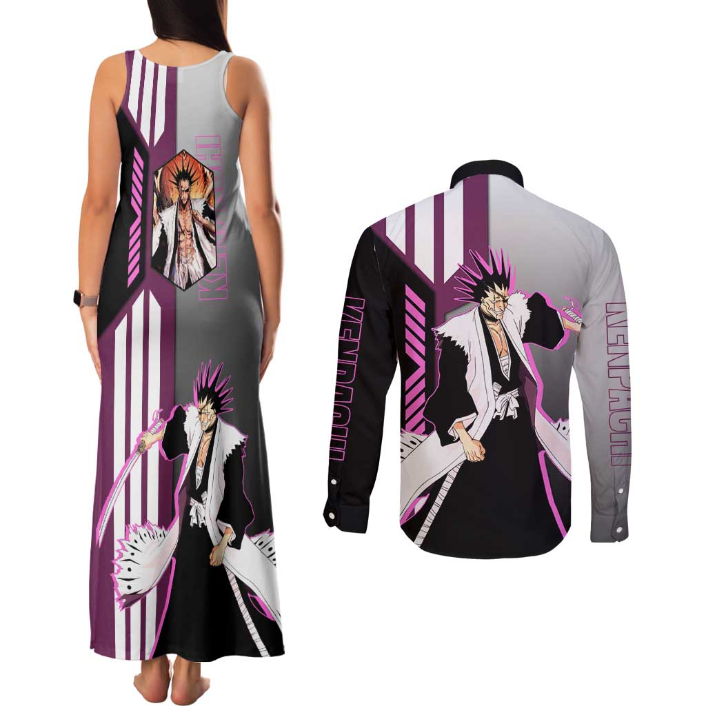 Kenpachi Zaraki from Bleach Couples Matching Tank Maxi Dress and Long Sleeve Button Shirt with Sword and Battle Ready Pose Design - The Mazicc