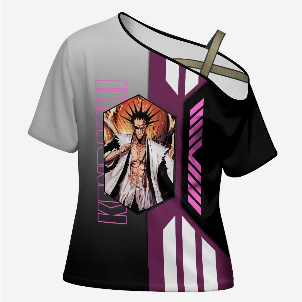 Kenpachi Zaraki from Bleach Cross Shoulder Shirt with Sword and Battle Ready Pose Design - The Mazicc