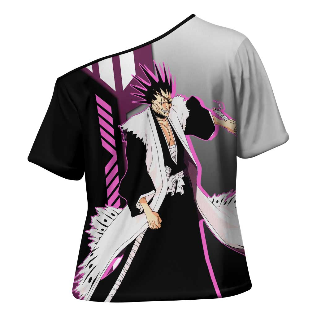 Kenpachi Zaraki from Bleach Cross Shoulder Shirt with Sword and Battle Ready Pose Design - The Mazicc
