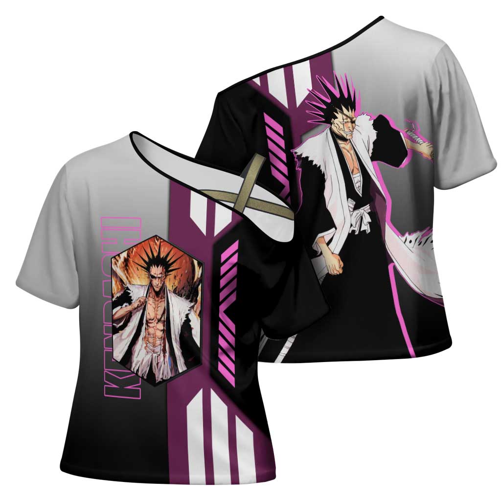 Kenpachi Zaraki from Bleach Cross Shoulder Shirt with Sword and Battle Ready Pose Design - The Mazicc